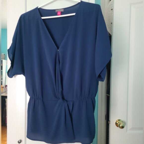 Vince Camuto Navy Royal Dark Blue Flutter Short Sleeve Waist V-Neck Top Blouse - Picture 2 of 7